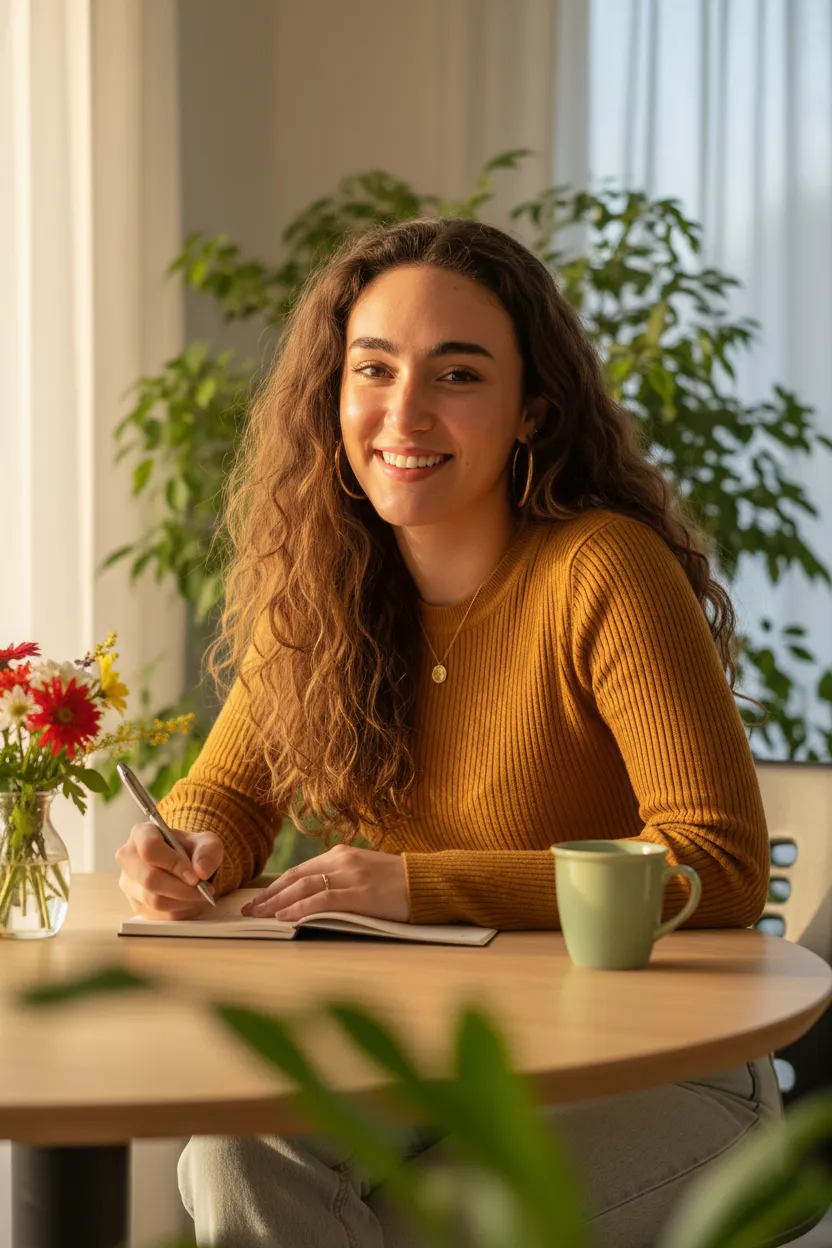Writing on a laptop with a smile