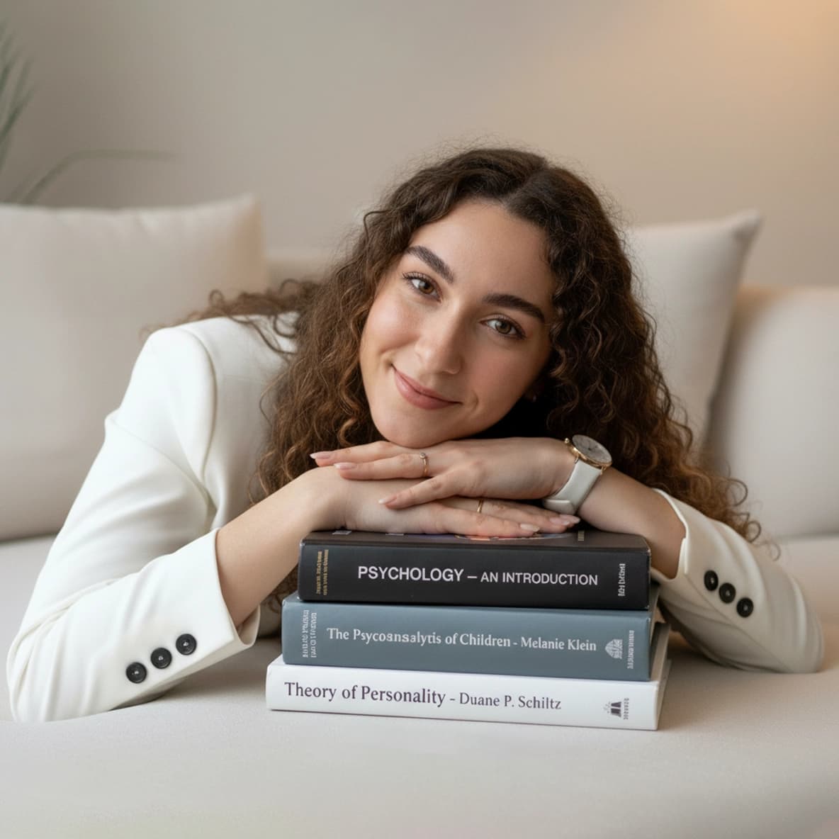 Nadia Baptista in a study environment, leaning against books with a focused expression