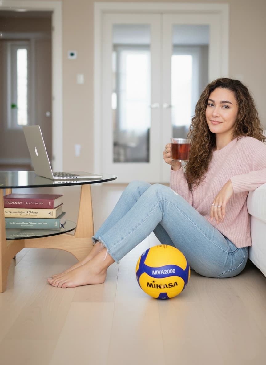 Retrato da Nádia Baptista em ambiente interior, sentada no chão com bola de voleibol